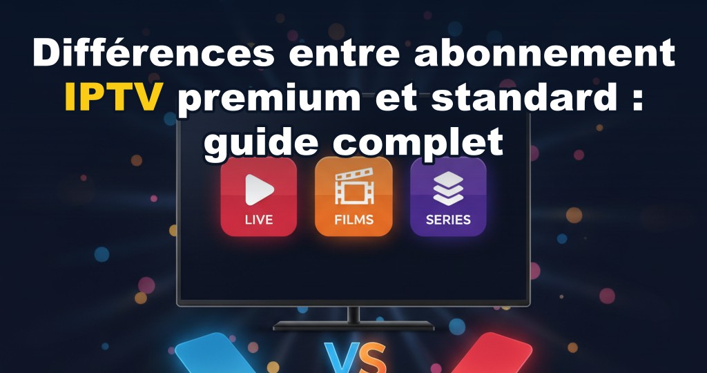 Illustration comparant abonnement IPTV premium et standard avec icônes de qualité 4K, HD et stabilité de connexion