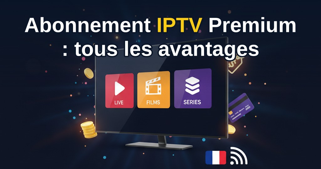 Illustration d'un écran de télévision avec interface IPTV Smarters Pro affichant des chaînes et films en 4K, avec un abonnement premium.