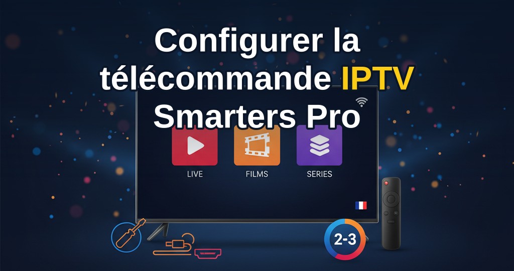 Télécommande posée à côté d'un écran de télévision affichant l'interface d'IPTV Smarters Pro, avec un abonnement IPTV France actif.