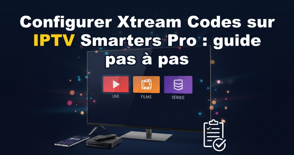 Interface de configuration Xtream Codes sur IPTV Smarters Pro affichant les champs URL, username et password sur un écran de télévision