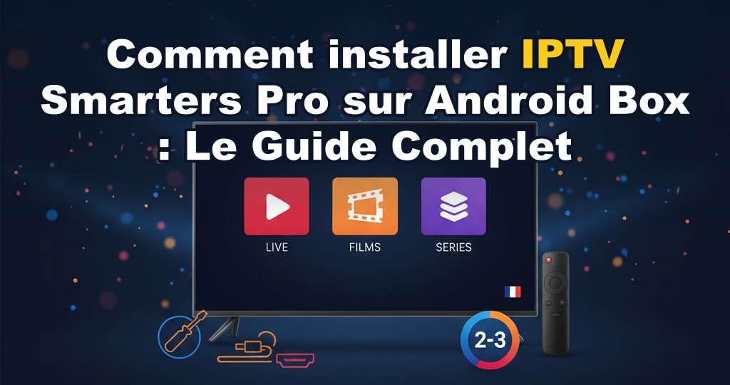 Une personne utilisant une télécommande pour naviguer dans l'interface IPTV Smarters Pro sur une Android Box connectée à une télévision grand écran.