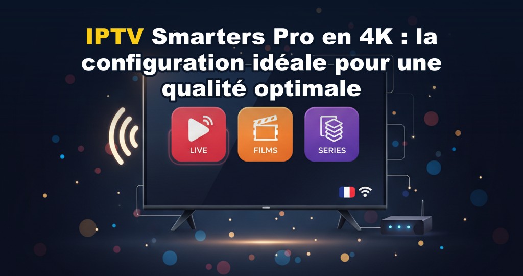 Configuration IPTV Smarters Pro 4K avec téléviseur, routeur et câble Ethernet sur fond sombre