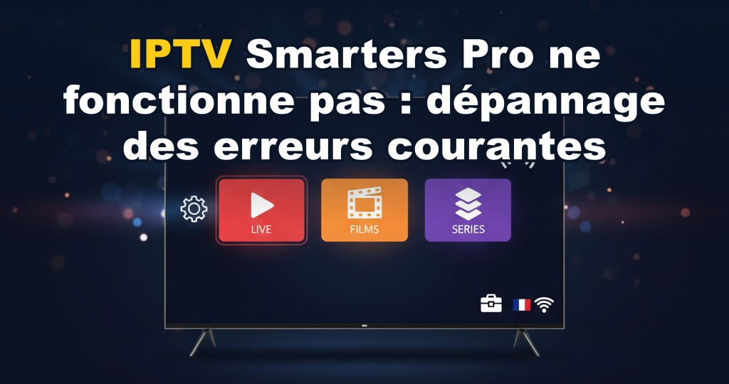 Capture d'écran de IPTV Smarters Pro avec message d'erreur réseau sur une télévision connectée, guide de dépannage visuel