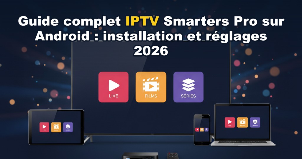 Configuration d'IPTV Smarters Pro sur une tablette Android avec écran d'accueil affichant des chaînes et un menu latéral