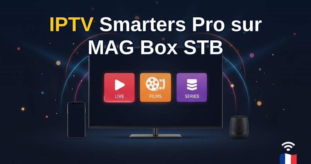 IPTV Smarters Pro sur MAG Box STB avec télécommande, interface de configuration et chaînes en direct à l'écran