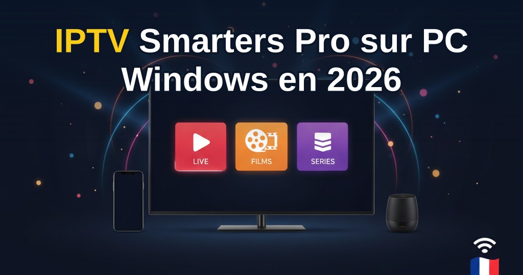 Capture d'écran de IPTV Smarters Pro sur un PC Windows avec liste de chaînes et menu de configuration bien visible.