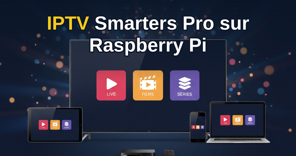 Raspberry Pi connecté à un téléviseur avec l'interface IPTV Smarters Pro affichée à l'écran