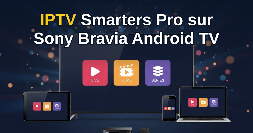 Télévision Sony Bravia Android TV affichant l'interface d'IPTV Smarters Pro avec des chaînes en 4K