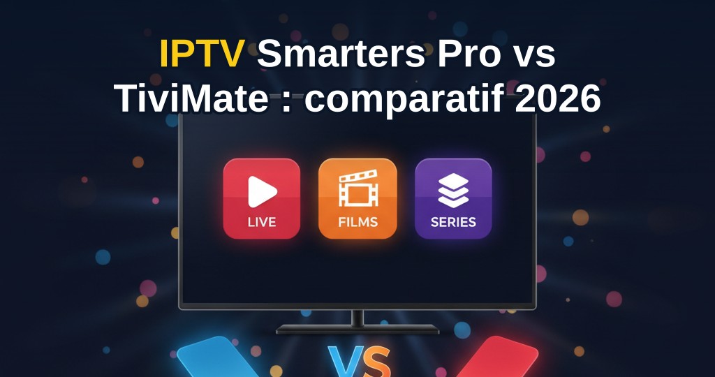 Écrans de deux applications IPTV comparées : IPTV Smarters Pro et TiviMate, avec télécommande au premier plan