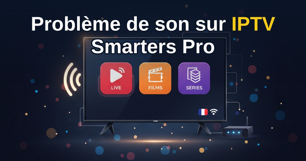 Technicien en train de vérifier les paramètres audio sur une application IPTV Smarters Pro via une télécommande, avec un téléviseur affichant les réglages du son en arrière-plan.