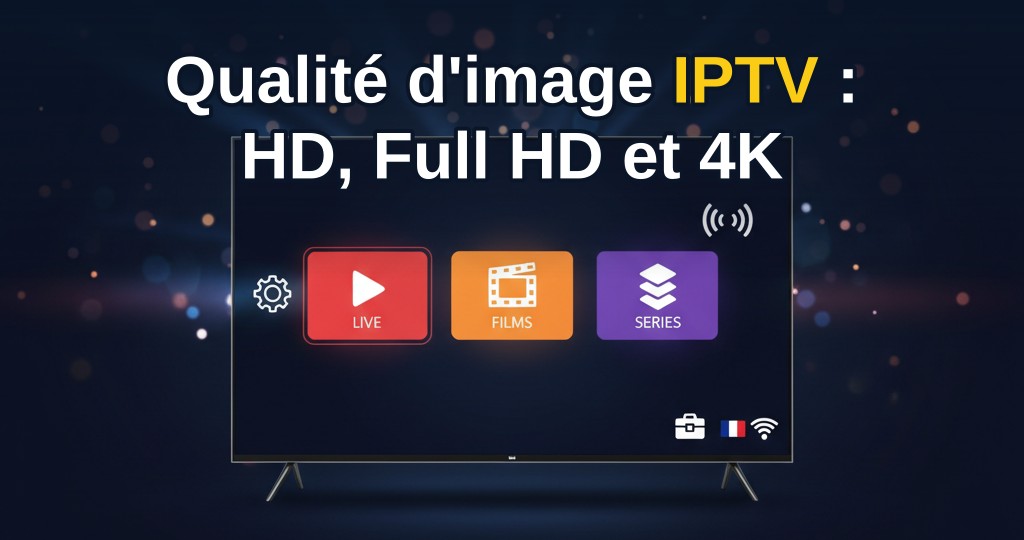 Image d'illustration montrant une télévision affichant une vidéo en Ultra HD 4K avec un routeur WiFi et une box IPTV à côté