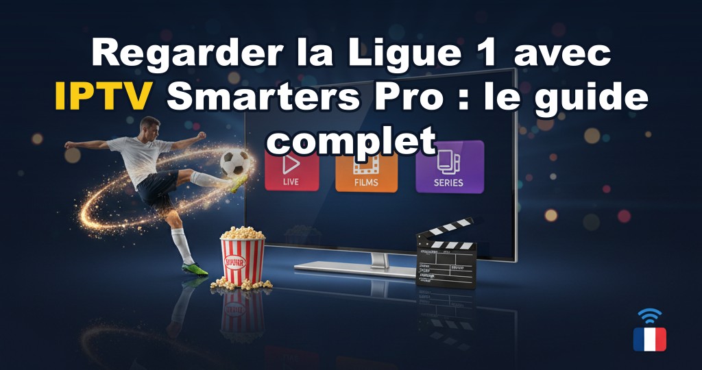 Match de Ligue 1 diffusé sur un écran de télévision connecté à IPTV Smarters Pro, avec logo de la Ligue 1 et interface utilisateur