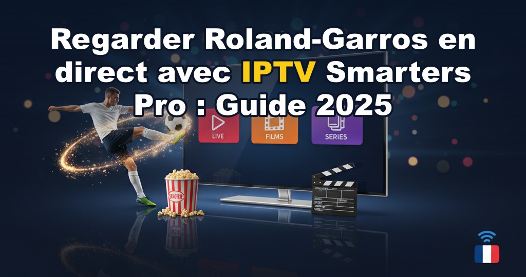 Joueur de tennis frappant une balle sur terre battue à Roland-Garros avec interface IPTV Smarters Pro affichée en incrustation