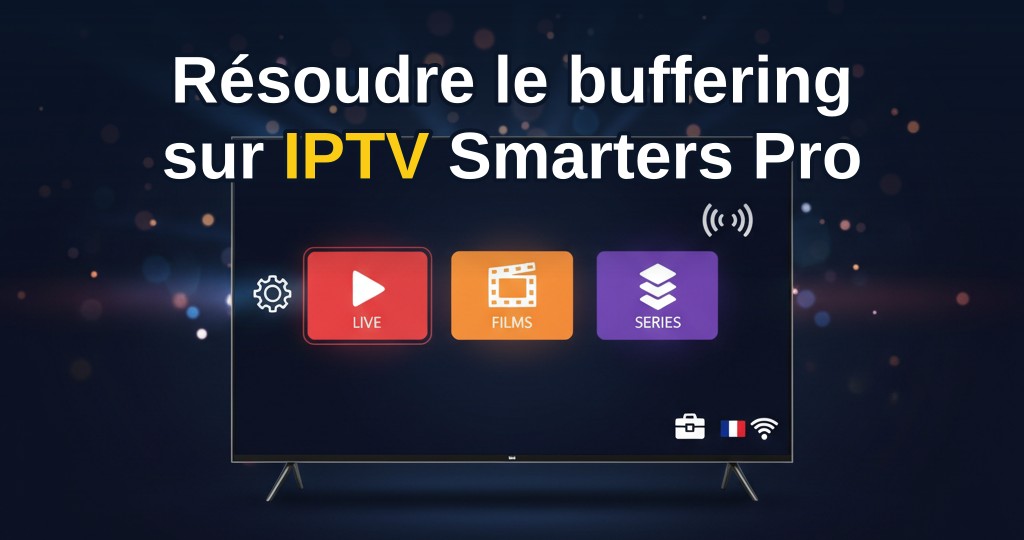 Écran de télévision avec IPTV Smarters Pro affichant une barre de chargement, entouré d'icônes de connexion réseau et de routeur, illustrant le problème de buffering.