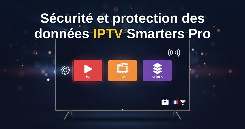 Visuel représentant un cadenas sur un flux IPTV avec des chaînes TV en arrière-plan, symbolisant la sécurité des données