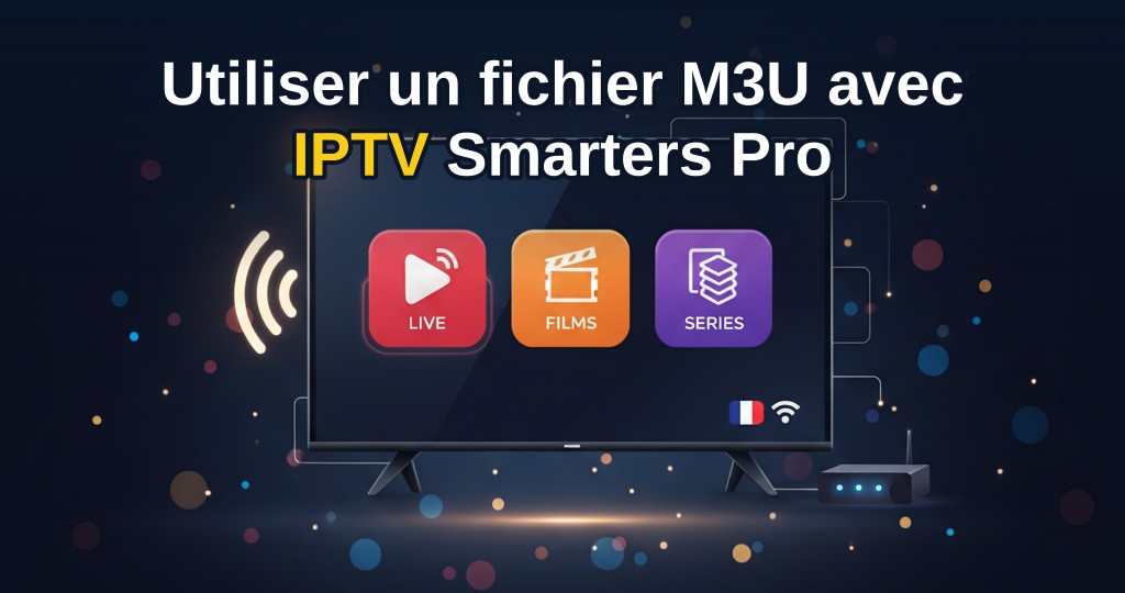 Capture d'écran de l'interface IPTV Smarters Pro montrant l'importation d'un fichier M3U sur un téléviseur avec une télécommande à proximité